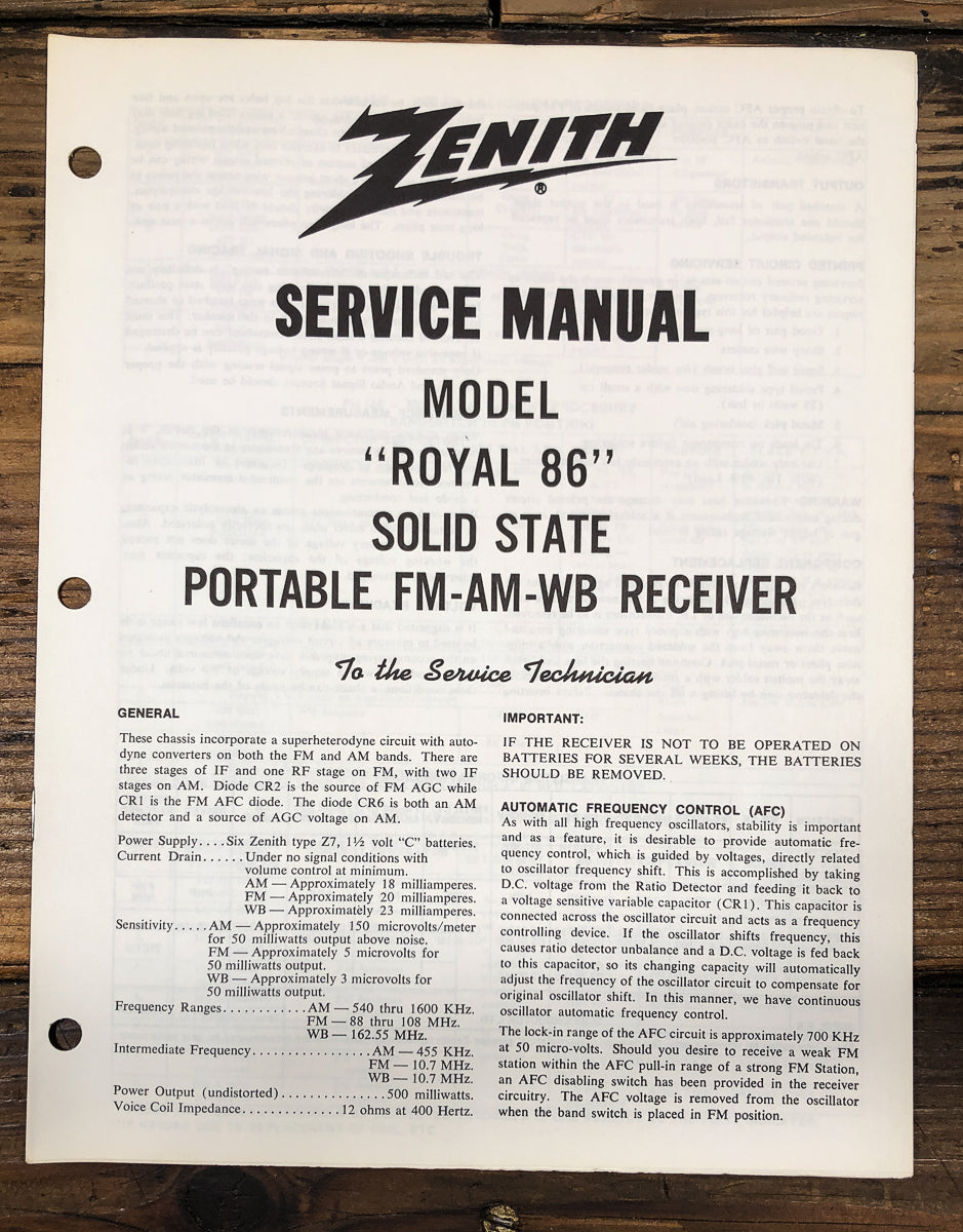 Zenith Royal 86 Portable Radio Service Manual *Original*