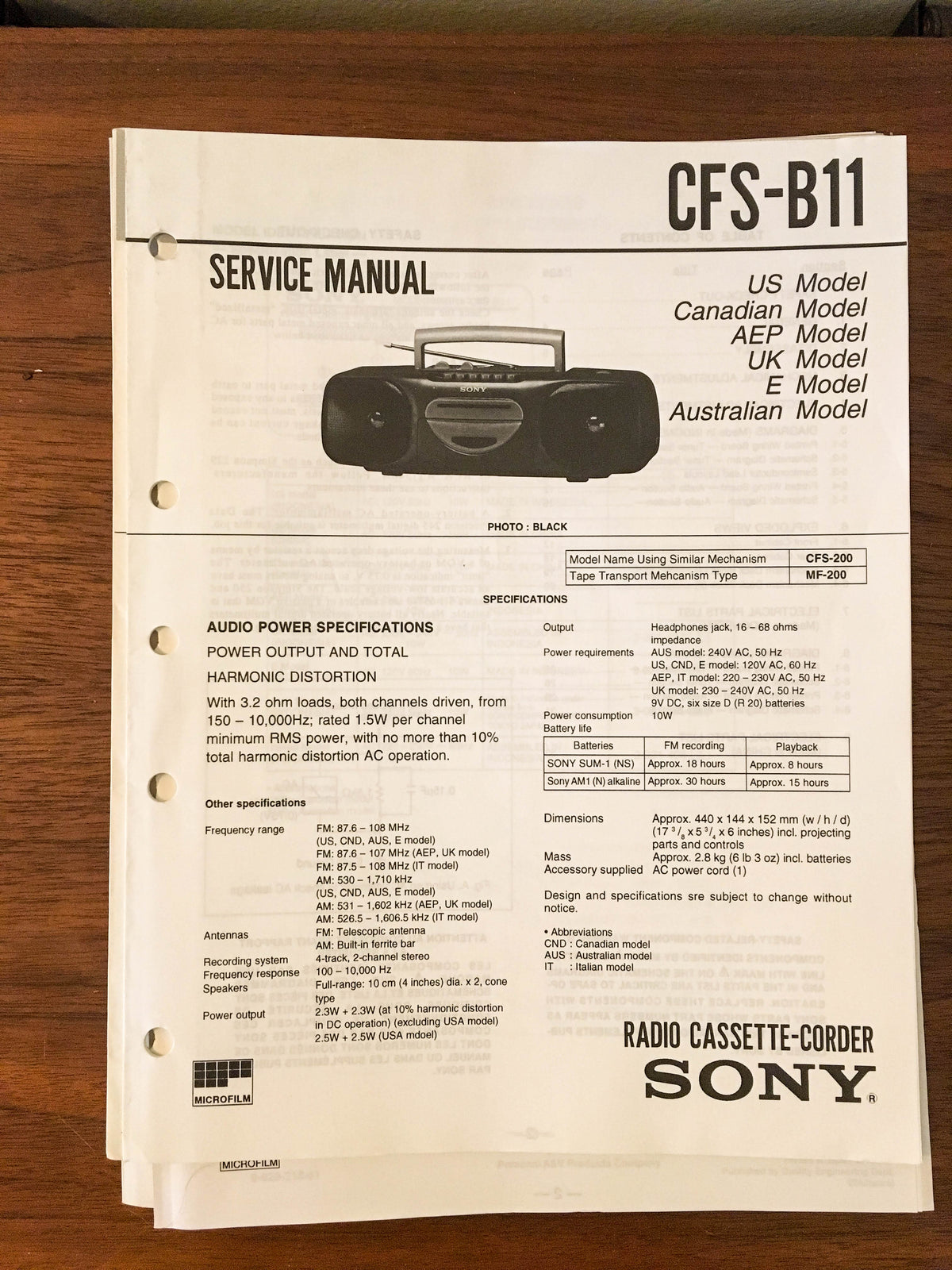 Sony CFS-B11 RADIO CASSETTE Service Manual *Original*