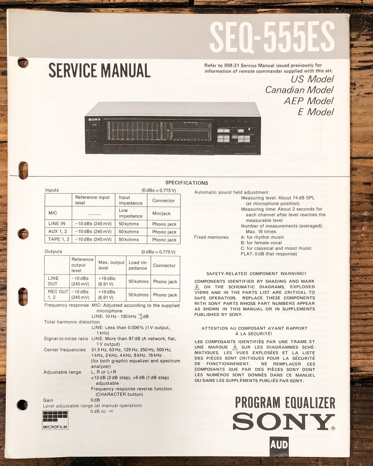 Sony SEQ-555ES Equalizer Service Manual *Original*