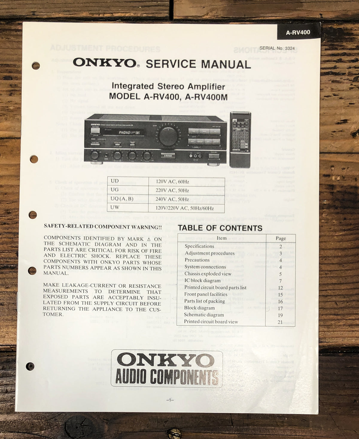 Onkyo A-RV400 Stereo Service Manual *Original*