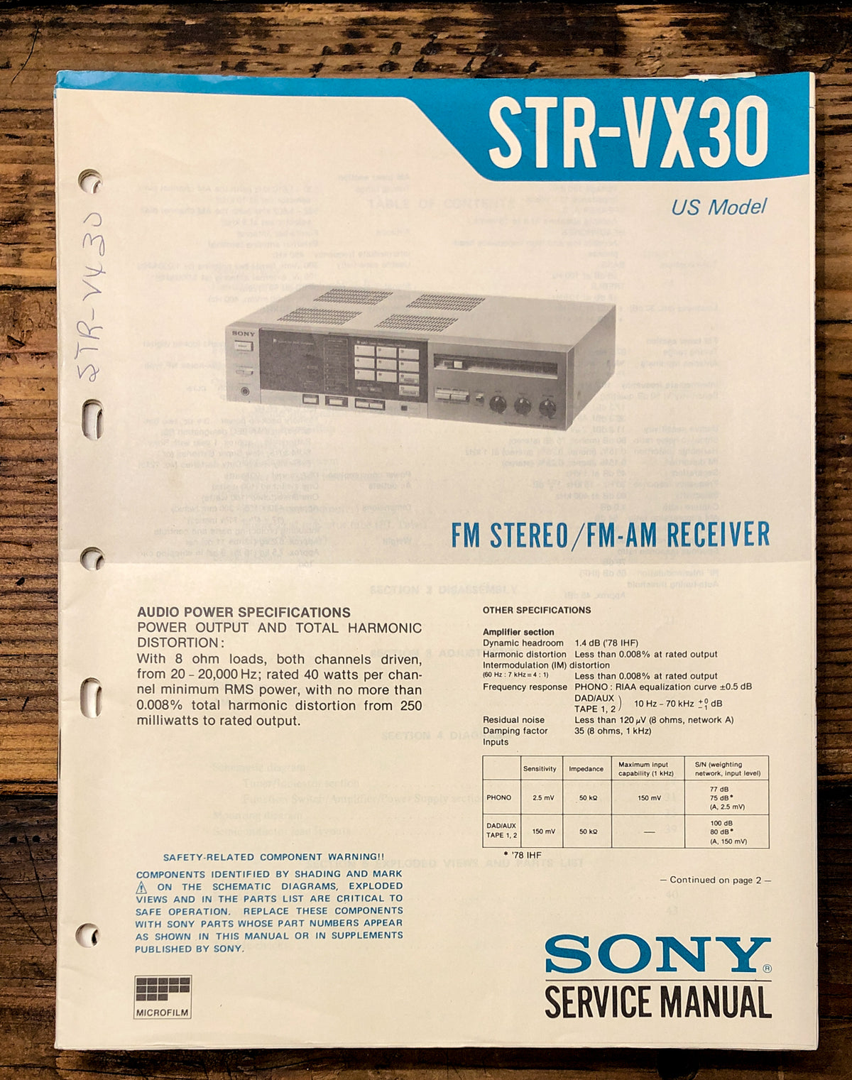 Sony STR-VX30 Receiver Service Manual *Original*