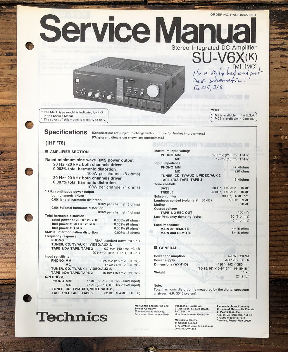 Technics SU-V6X Amplifier Service Manual *Original*