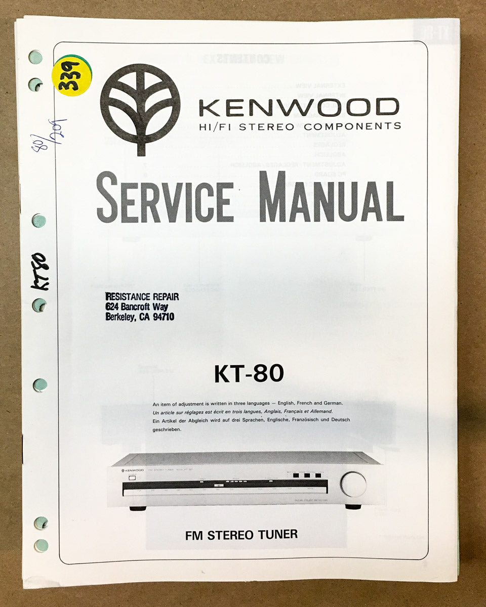 Kenwood KT-80 Tuner Service Manual *Original*
