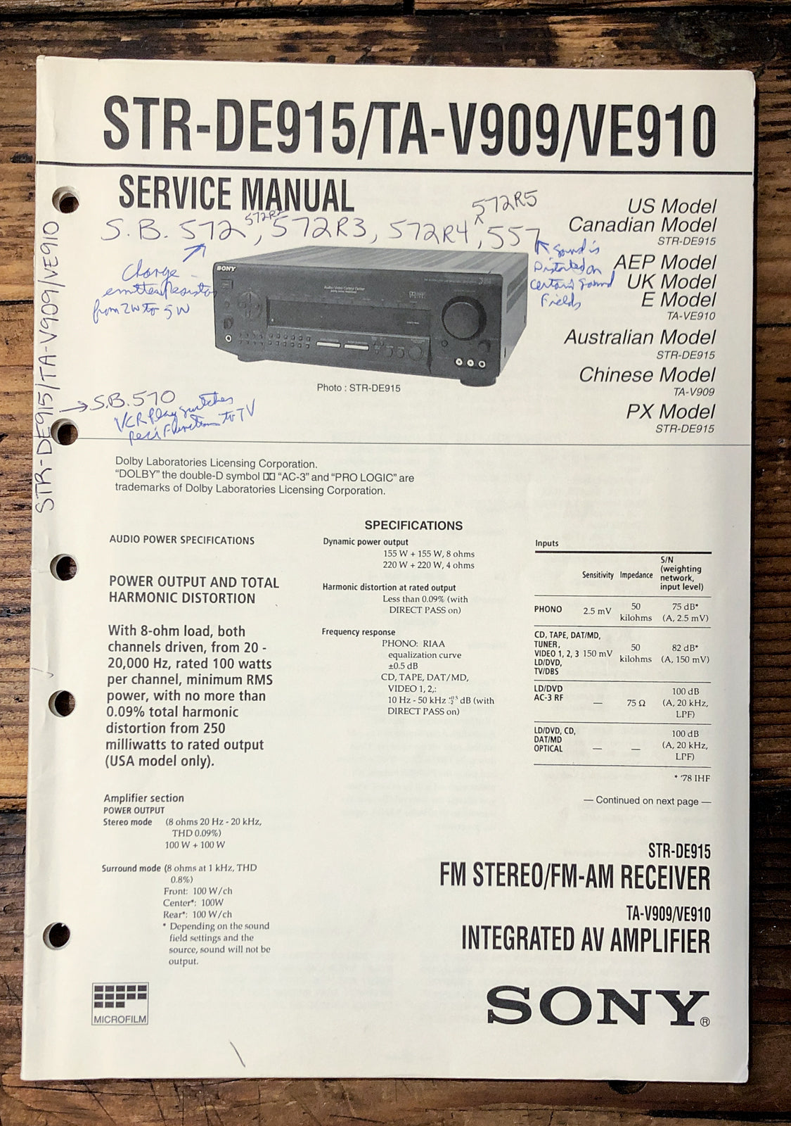 Sony STR-DE915 TA-V909 -VE910 Receiver Service Manual *Original*