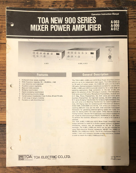 TOA P-924 Amplifier  Owners Manual & Schematic *Orig*