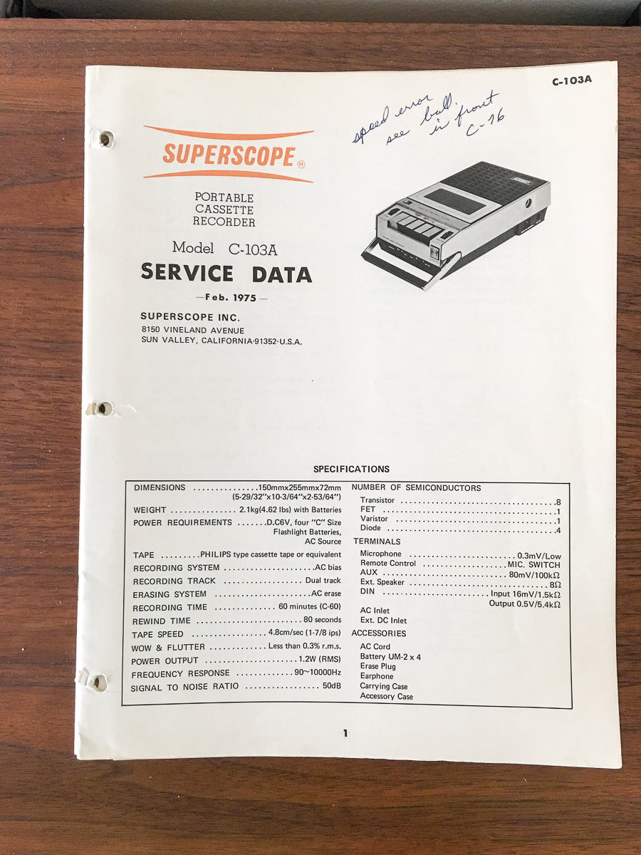 Superscope C-103A C-103 A Cassette Recorder Service Manual *Original*