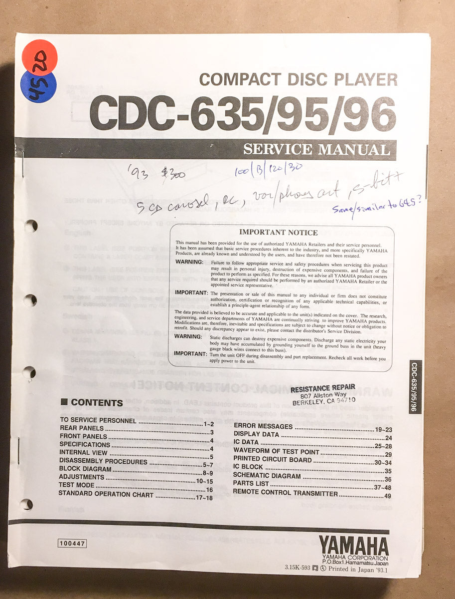 Yamaha CDC-635 CDC-95 CDC-96 CD Player Service Manual *Original*