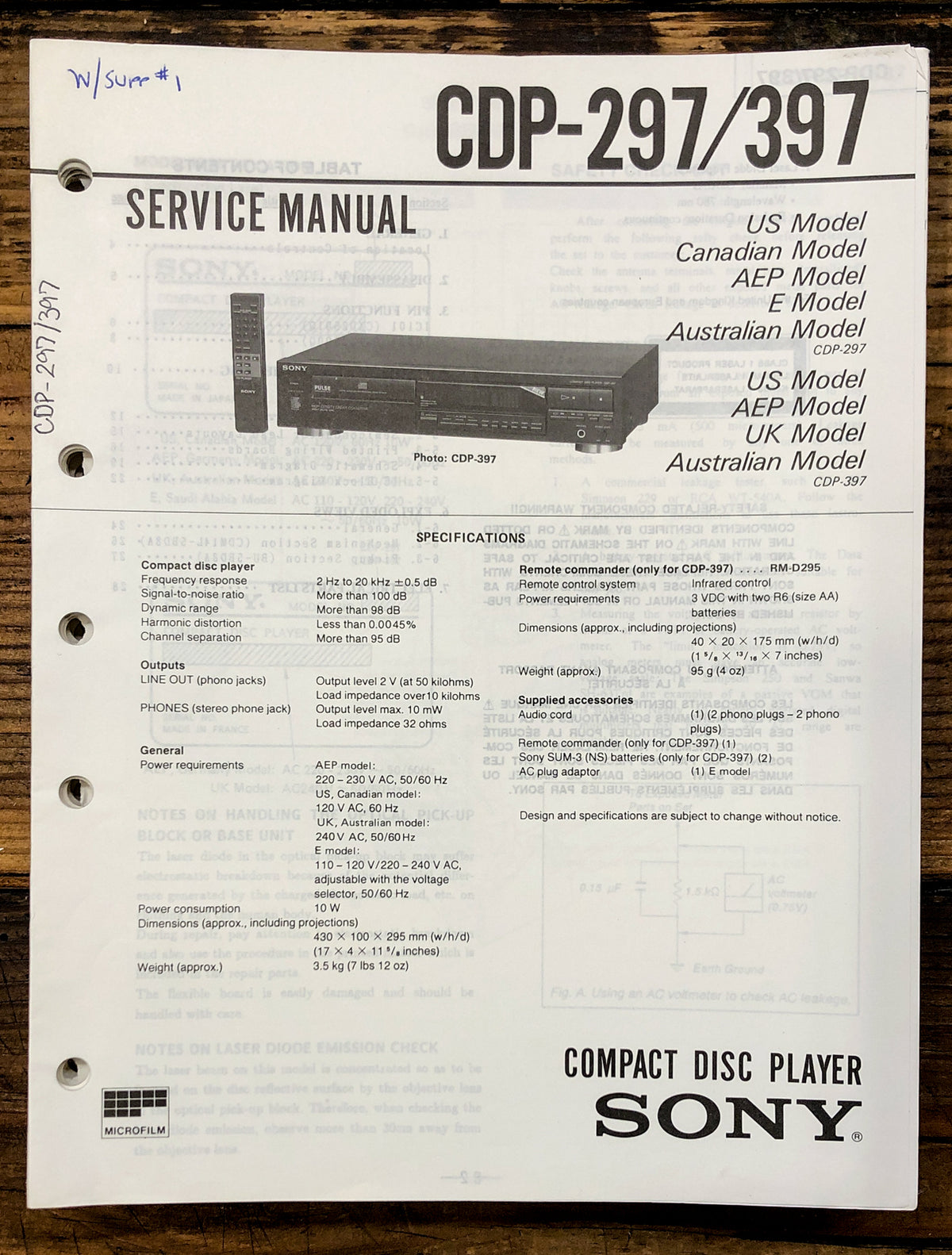 Sony CDP-297 CDP-397 CD Player Service Manual *Original*