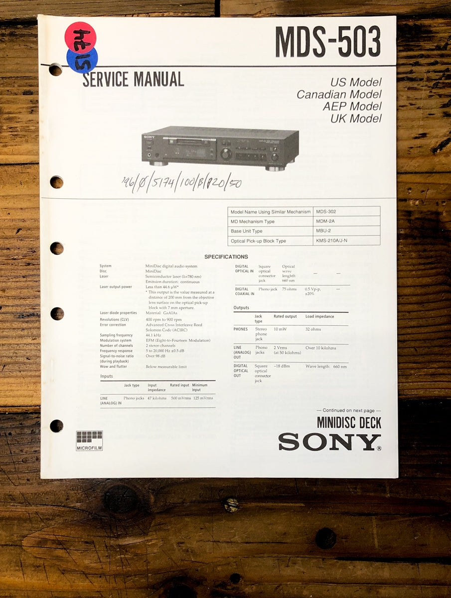 Sony MDS-503 MD Recorder Service Manual *Original*