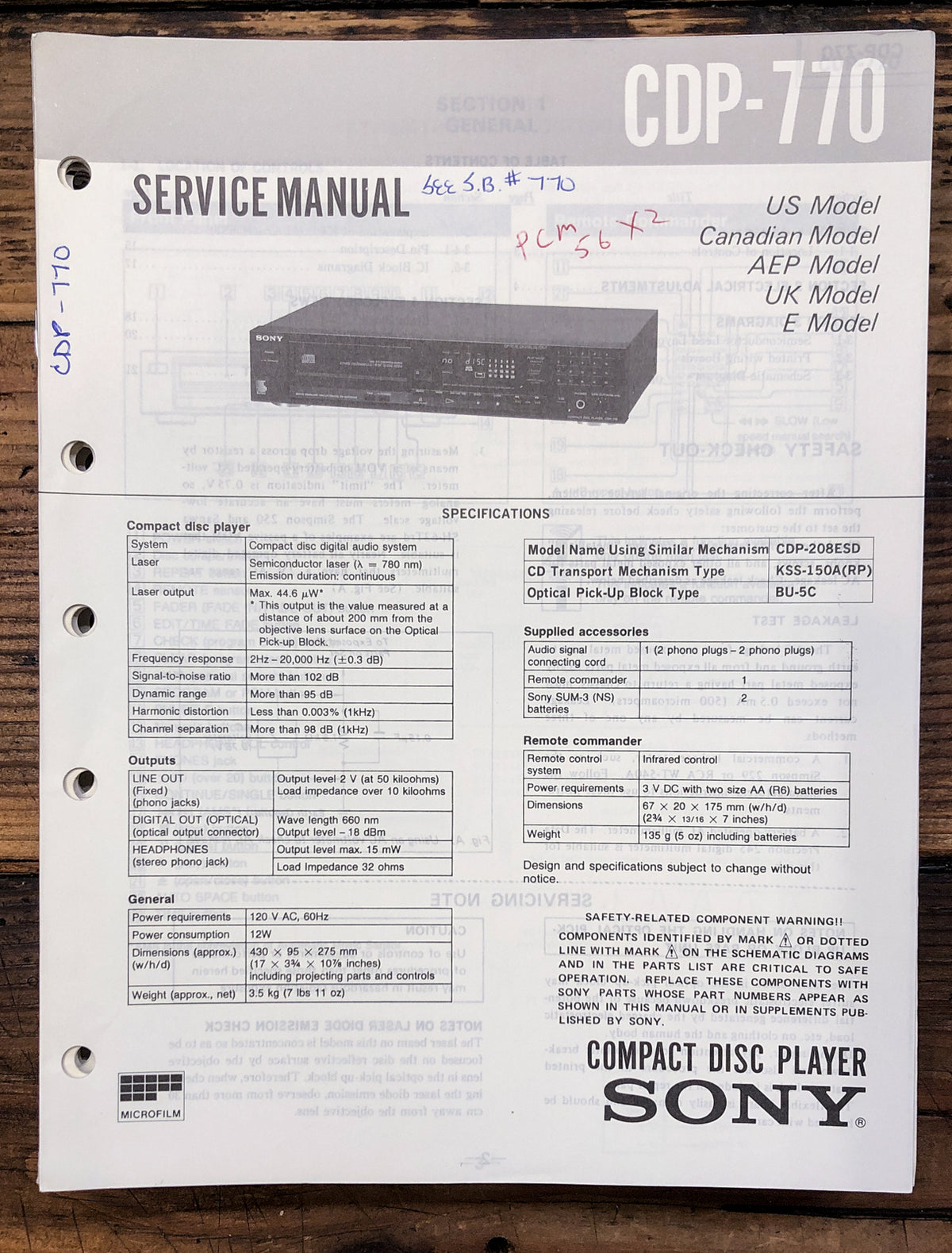 Sony CDP-770 CD Player Service Manual *Original*