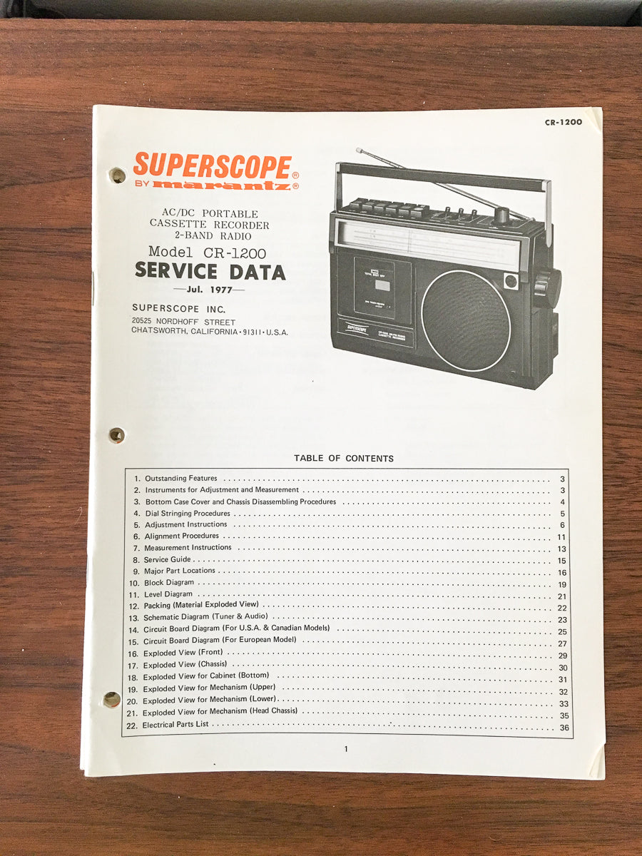 Superscope CR-1200 Radio / Cassette Service Manual *Original*