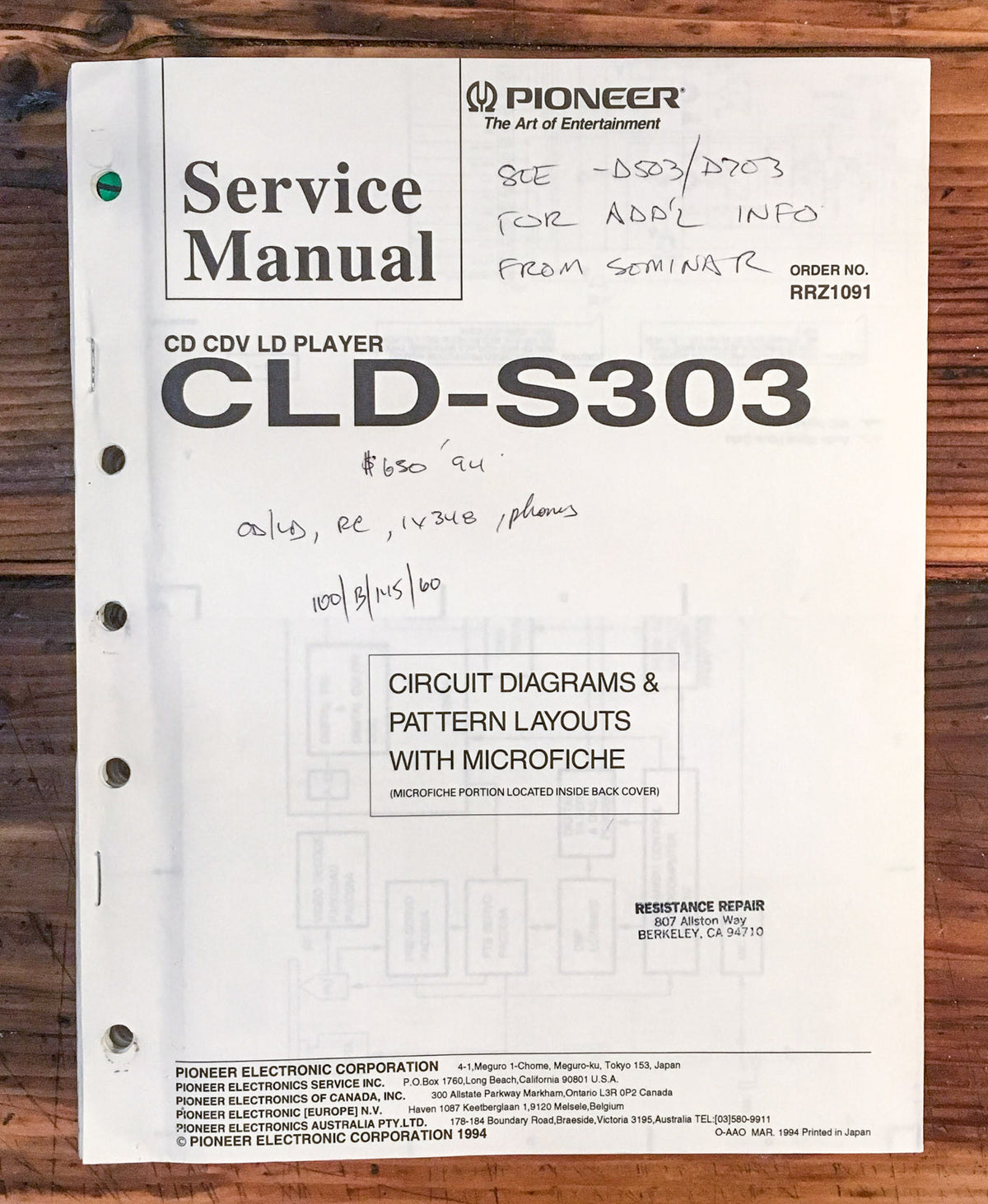 Pioneer CLD-S303 CD CDV LD Player Service Manual *Original*