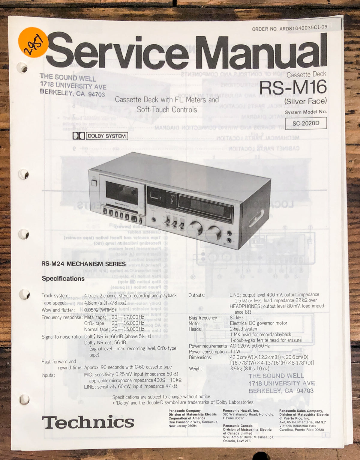 Technics RS-M16 Cassette Service Manual *Original*
