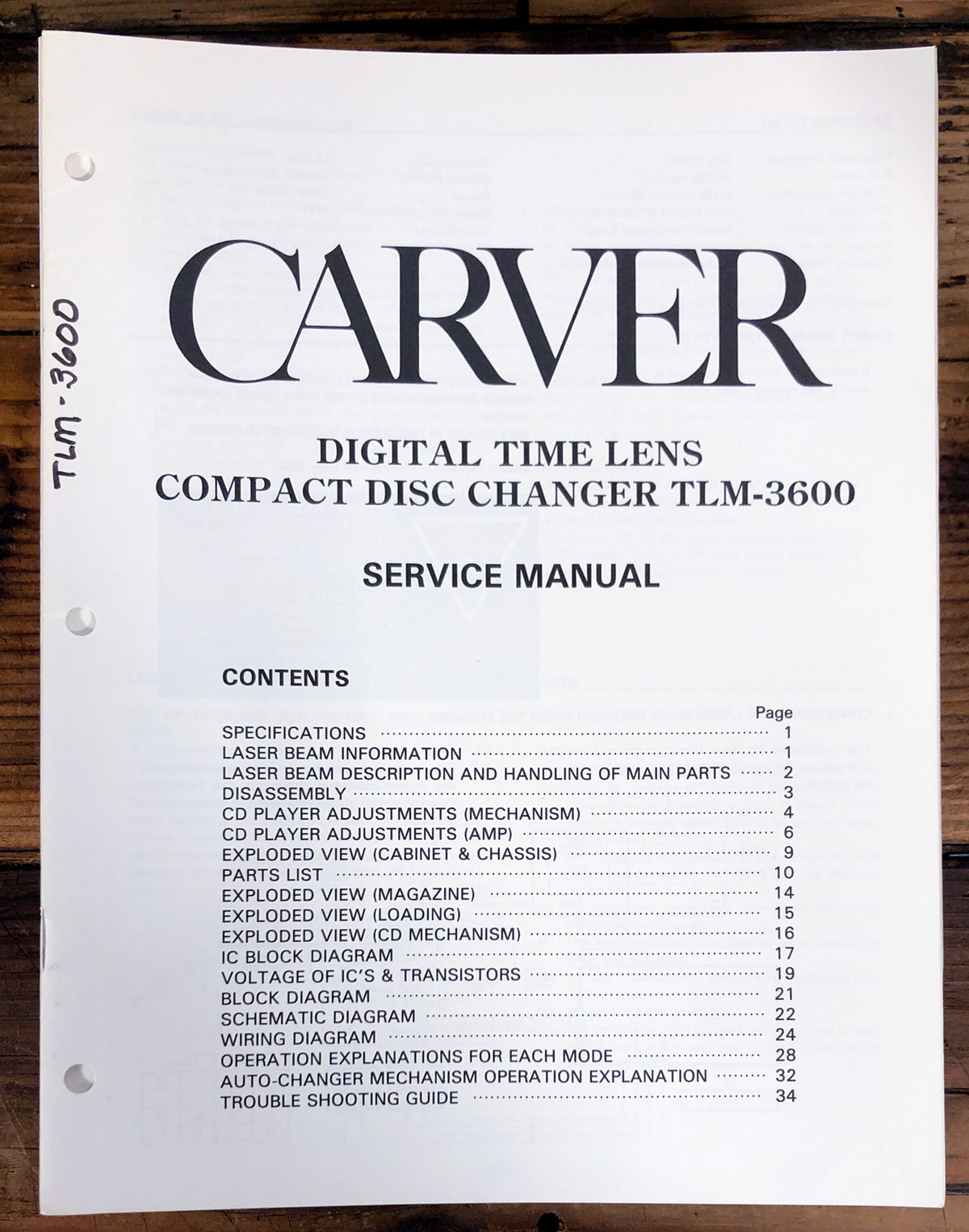 Carver TLM-3600 CD Player Service Manual *Original*