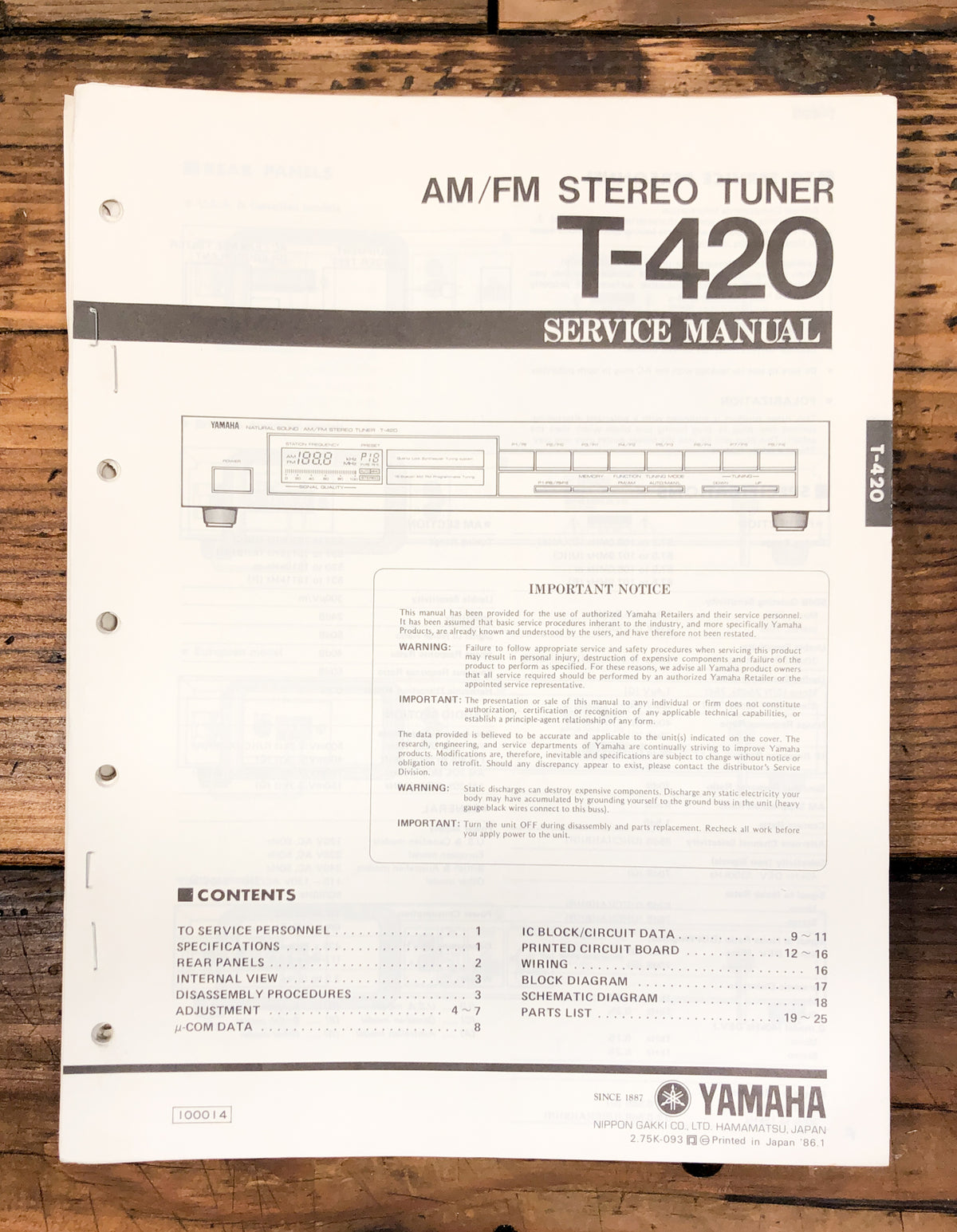 Yamaha T-420 Tuner Service Manual *Original*
