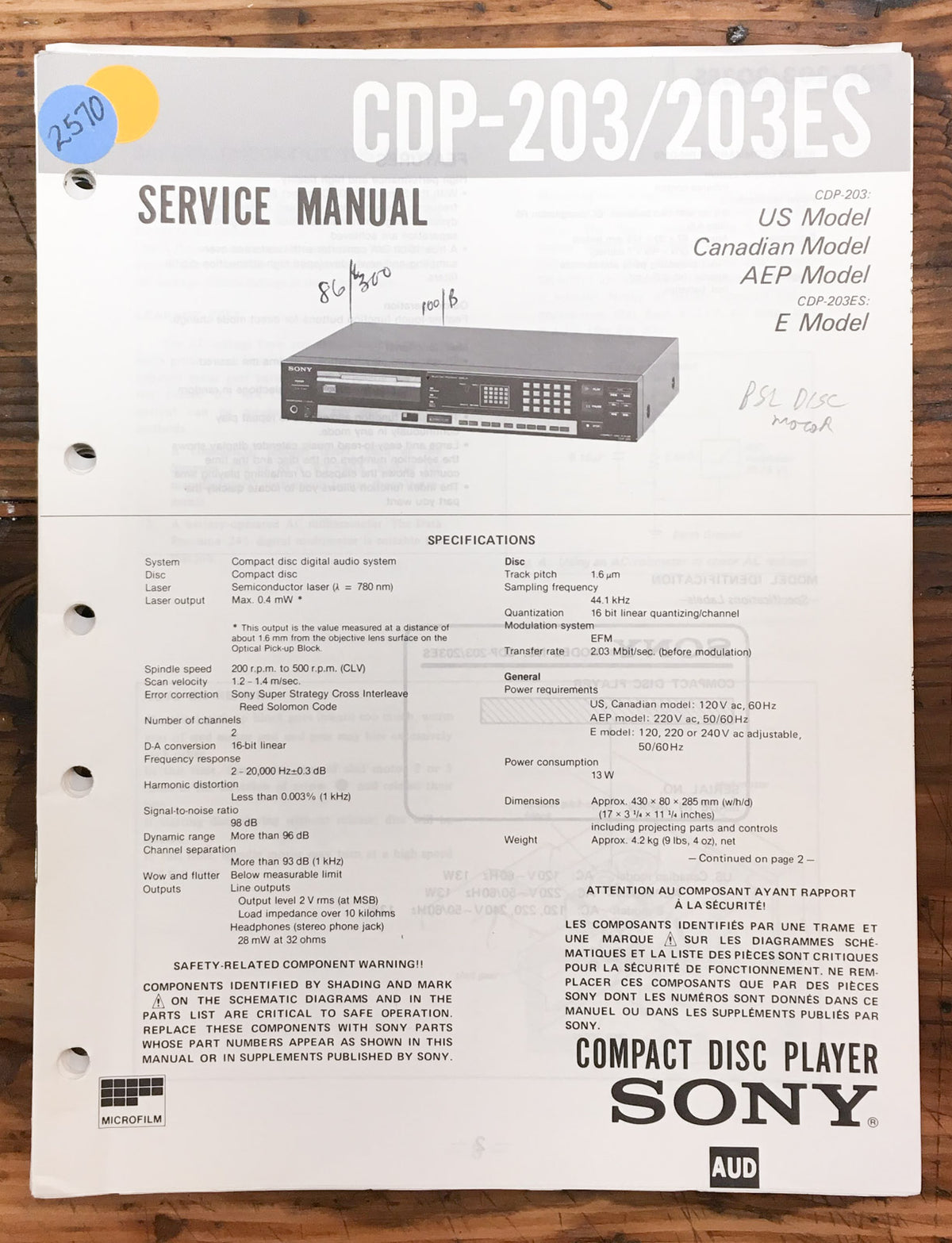 Sony CDP-203 CDP-203ES CD Player Service Manual *Original*