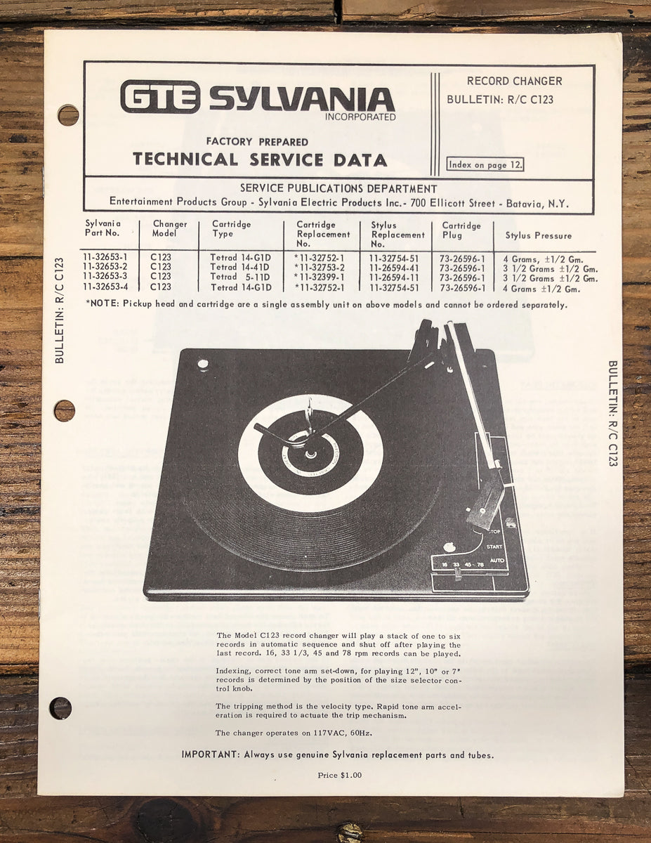 Sylvania / BSR R/C Model C123 C-123 Record Changer Service Manual *Original*
