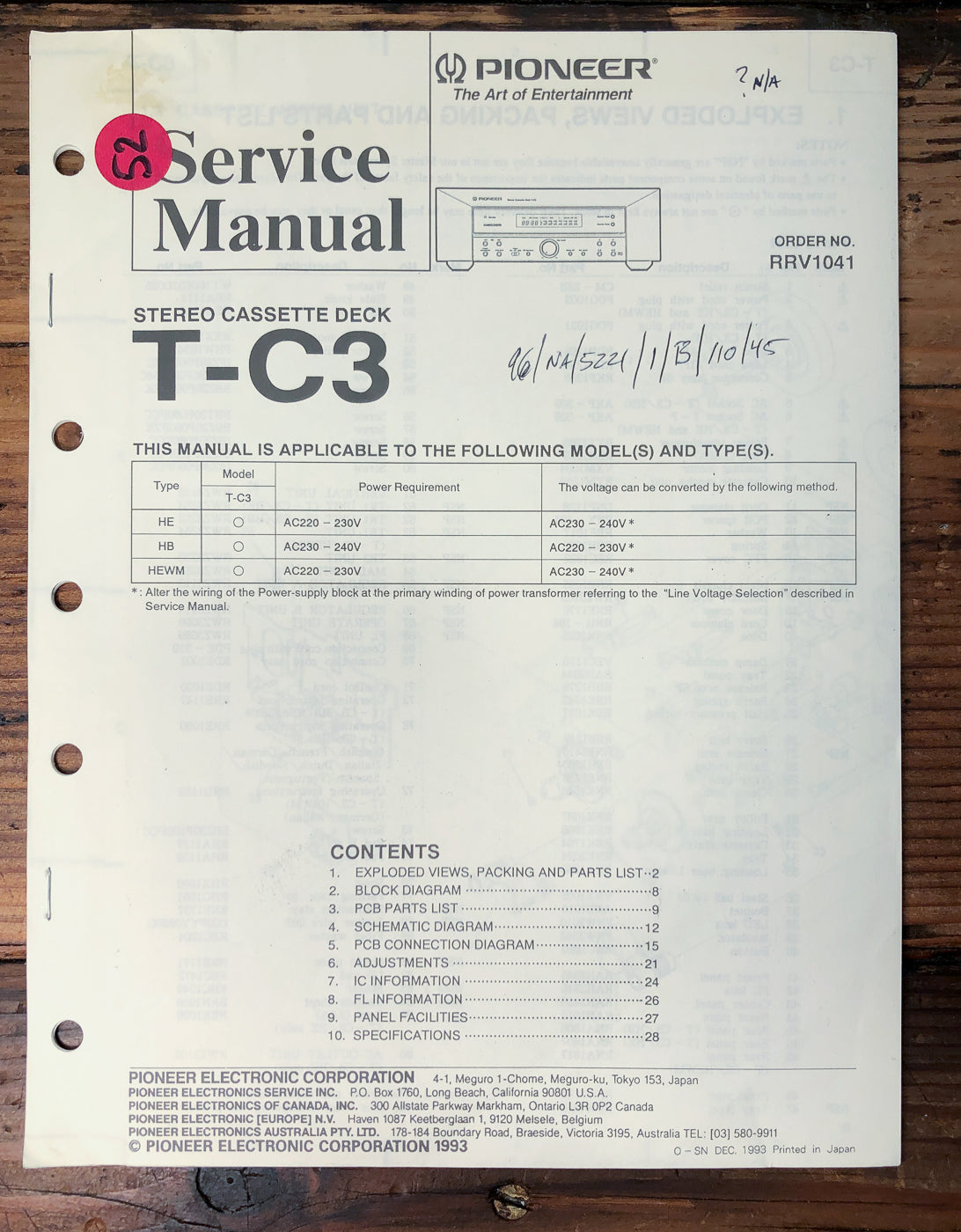 Pioneer T-C3 RRV1041 Cassette Deck Service Manual *Original*