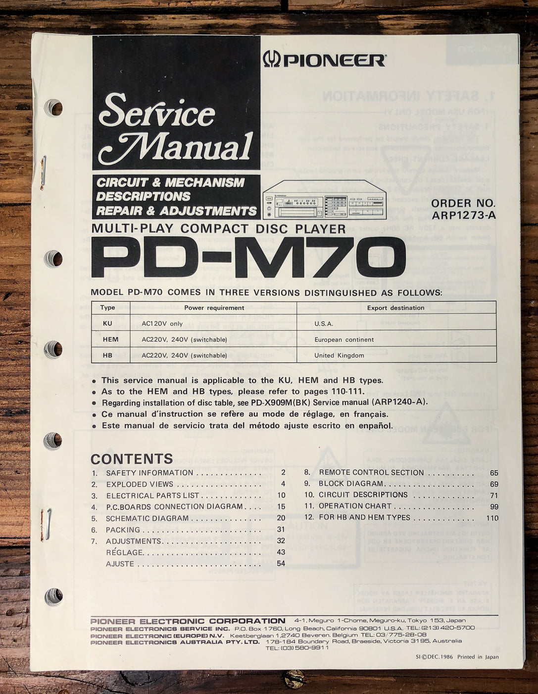 Pioneer PD-M70 CD Changer Service Manual *Original*