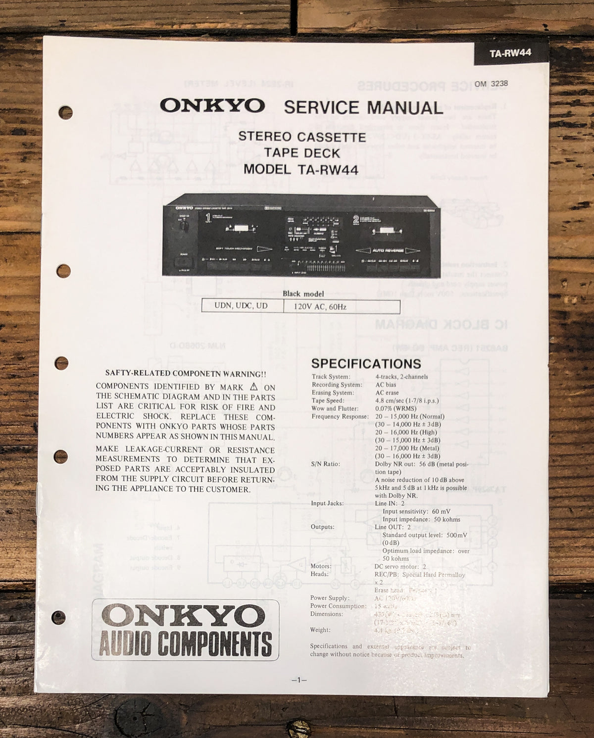 Onkyo TA-RW44 Cassette Service Manual *Original*