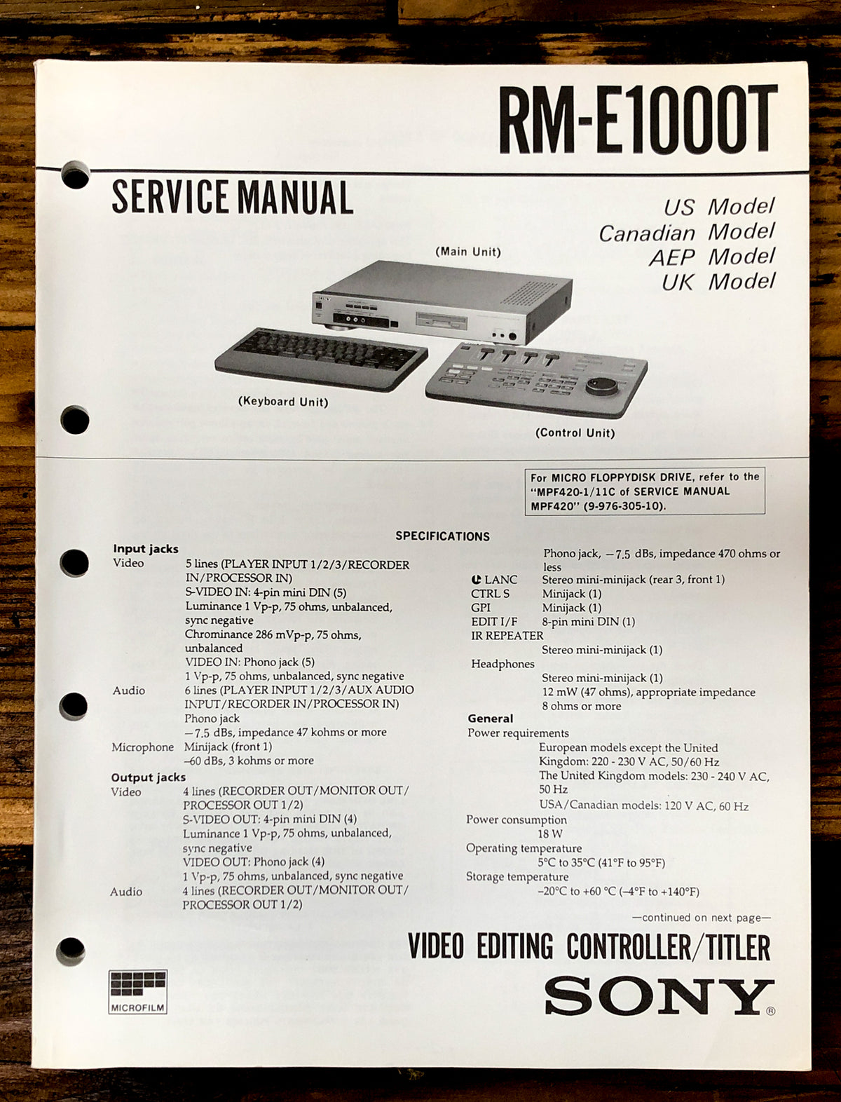 Sony RM-E1000T Remote Control Service Manual *Original*