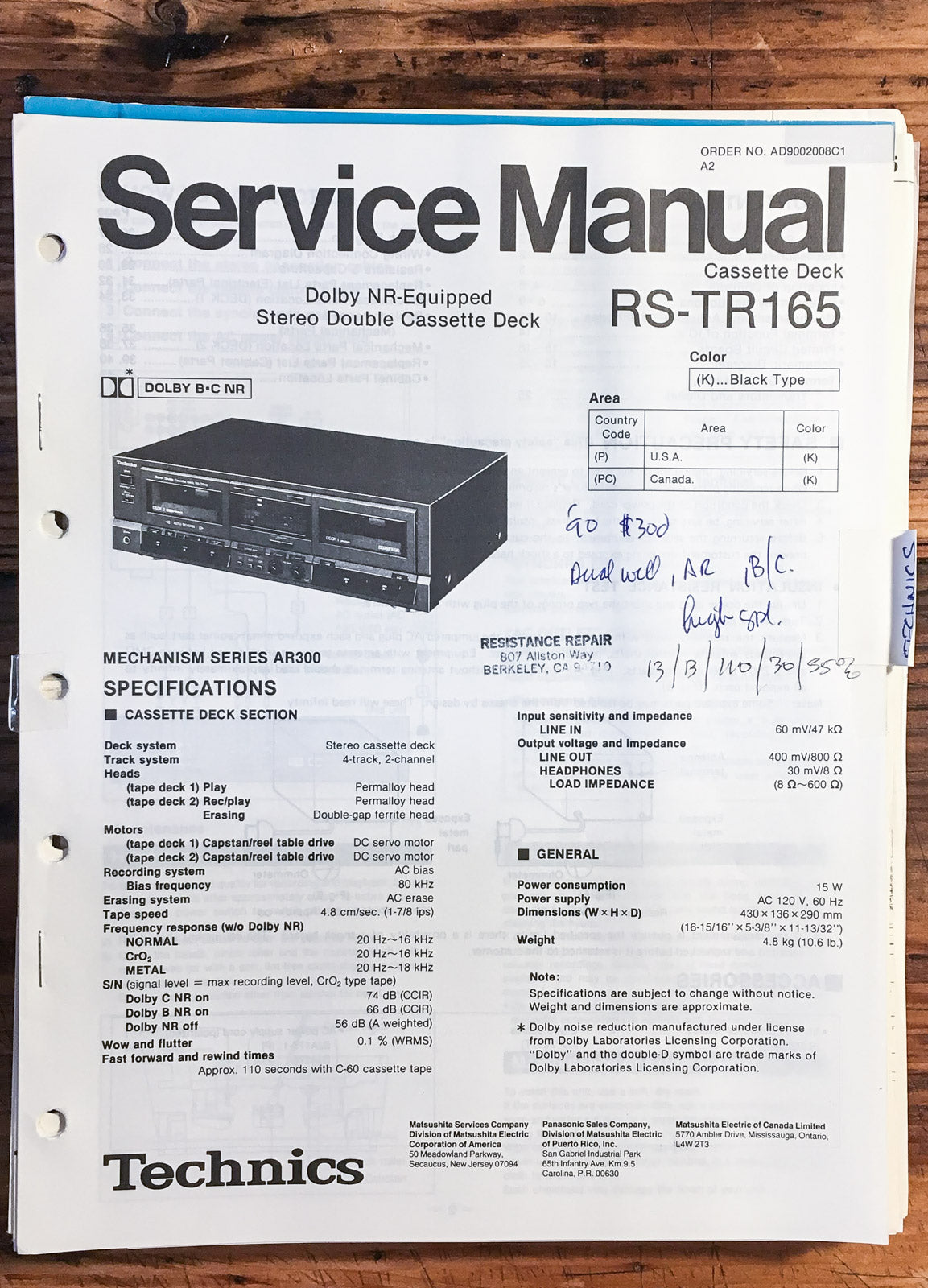 Technics RS-TR165 Cassette Service Manual *Original*