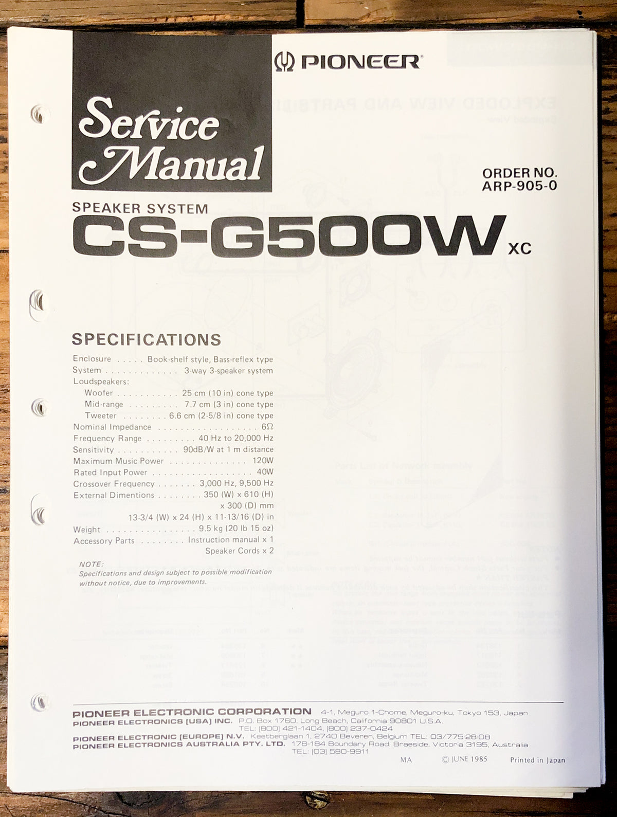Pioneer CS-G500W Speaker Service Manual *Original*