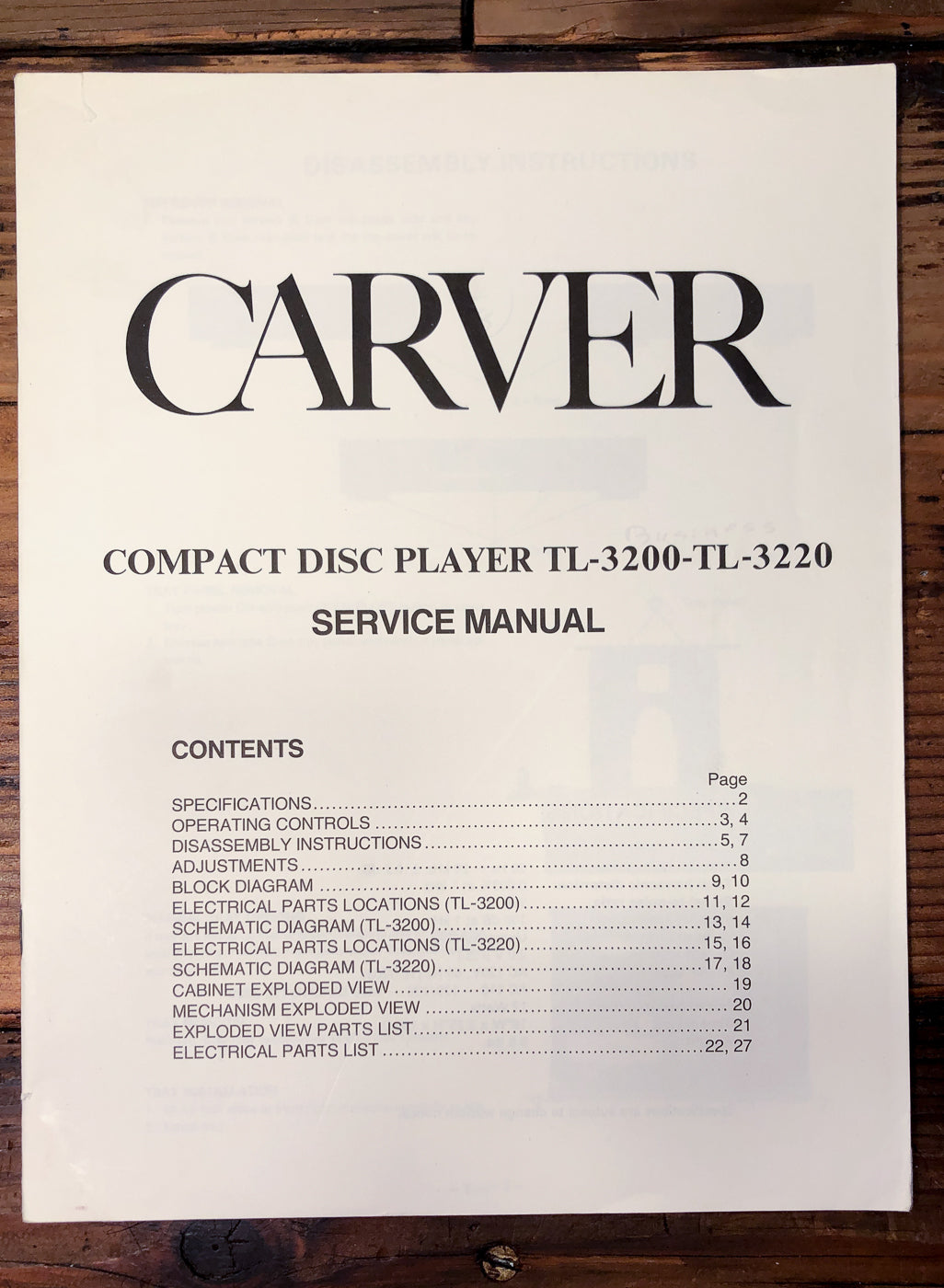 Carver TL-3200 TL-3220 CD Player Service Manual *Original*