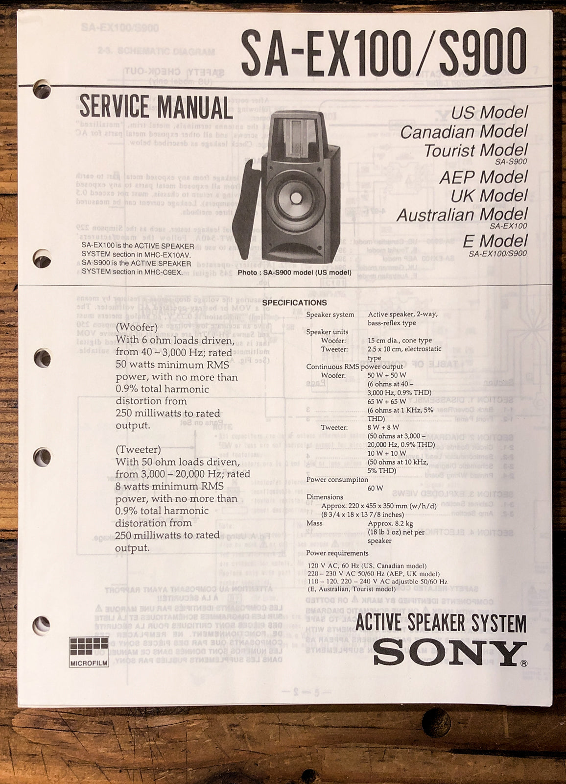 Sony SA-EX100 SA-S900 Speaker Service Manual *Original*