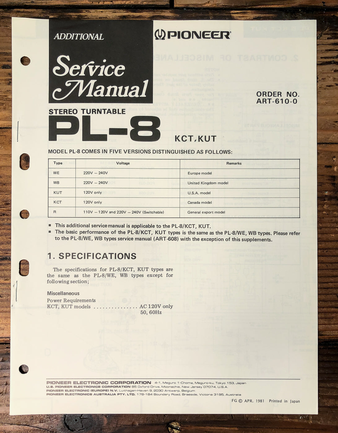 Pioneer PL-8 Turntable Supp. Service Manual *Original*