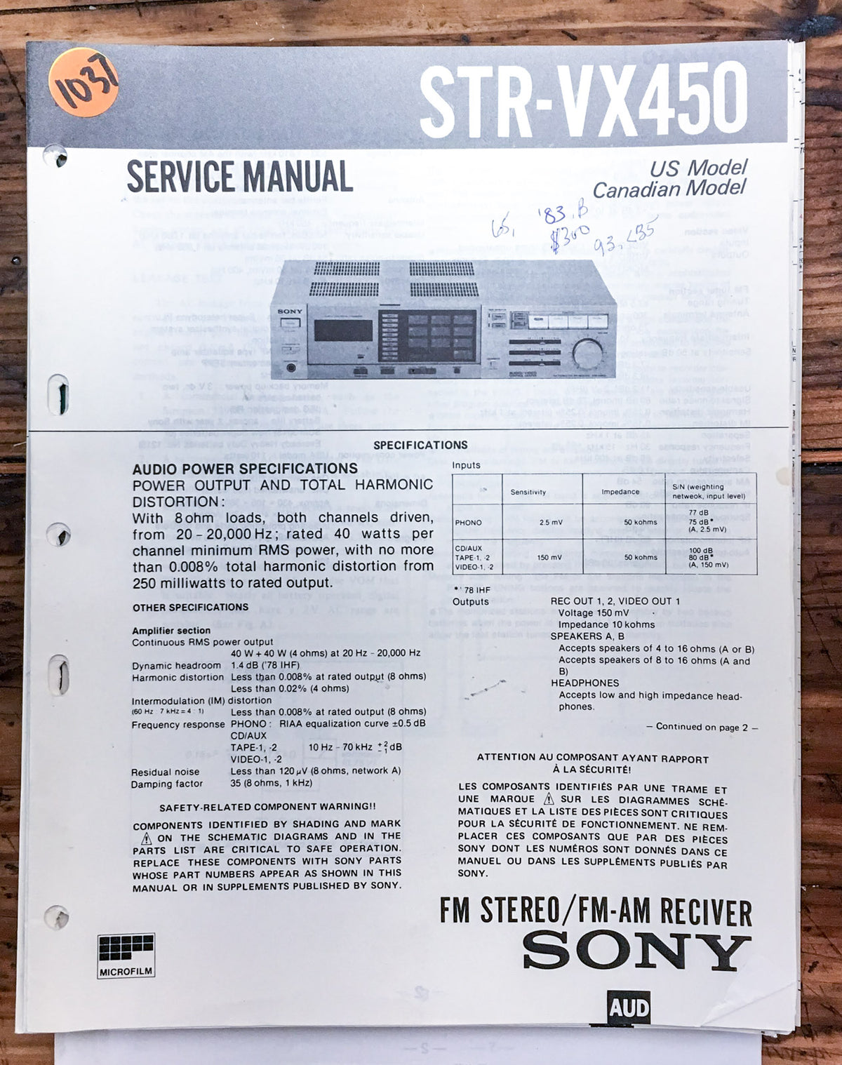 Sony STR-VX450 Receiver Service Manual *Original*