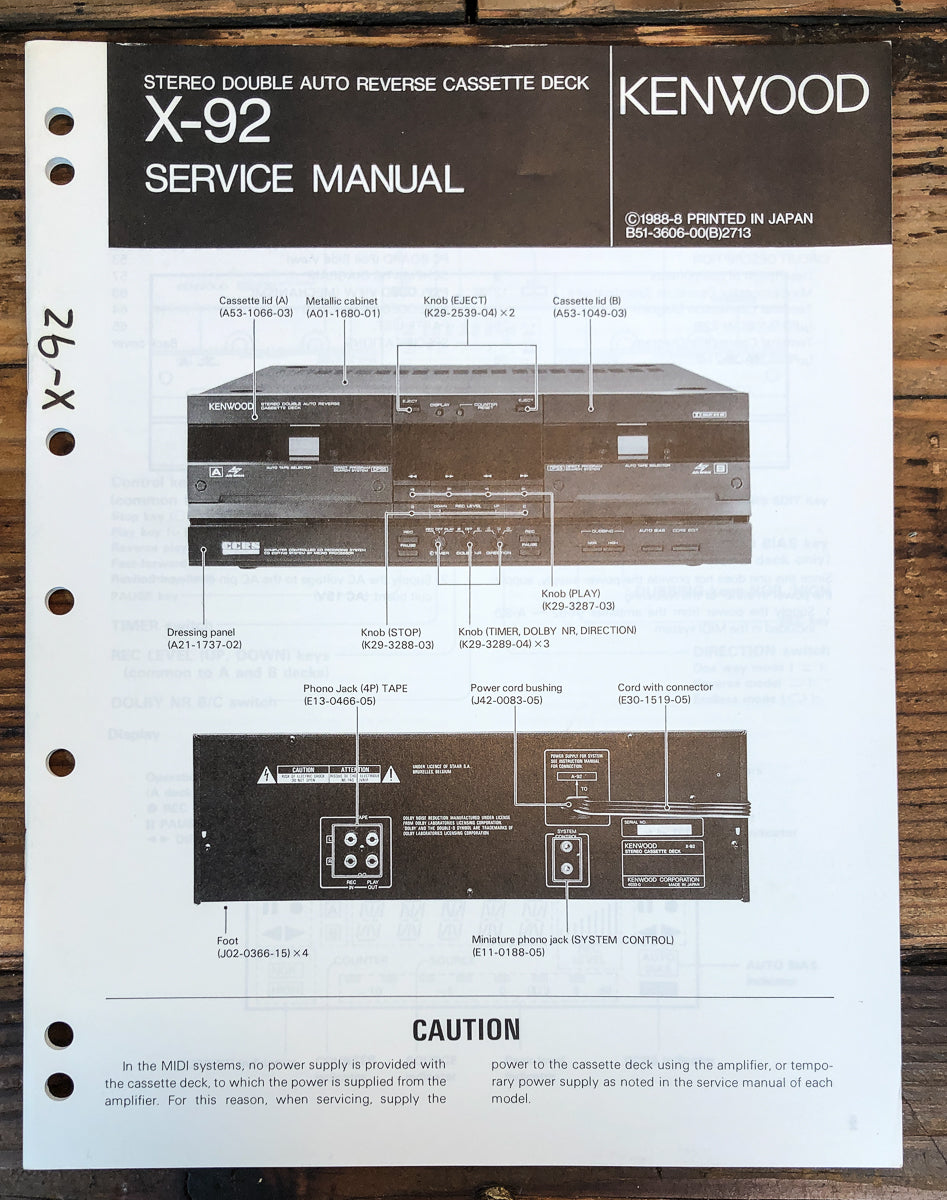 Kenwood X-92 Cassette Service Manual *Original*