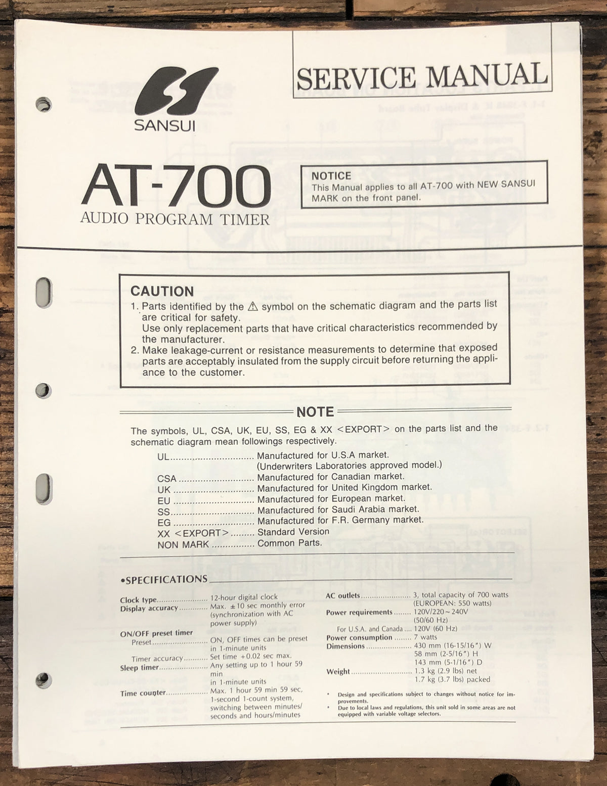 Sansui AT-700 Timer Service Manual *Original*