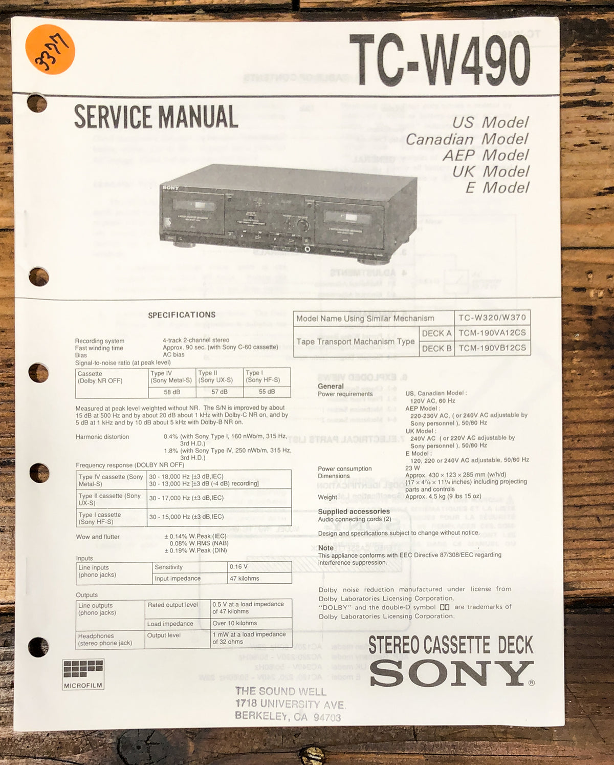Sony TC-W490 Cassette Service Manual *Original*