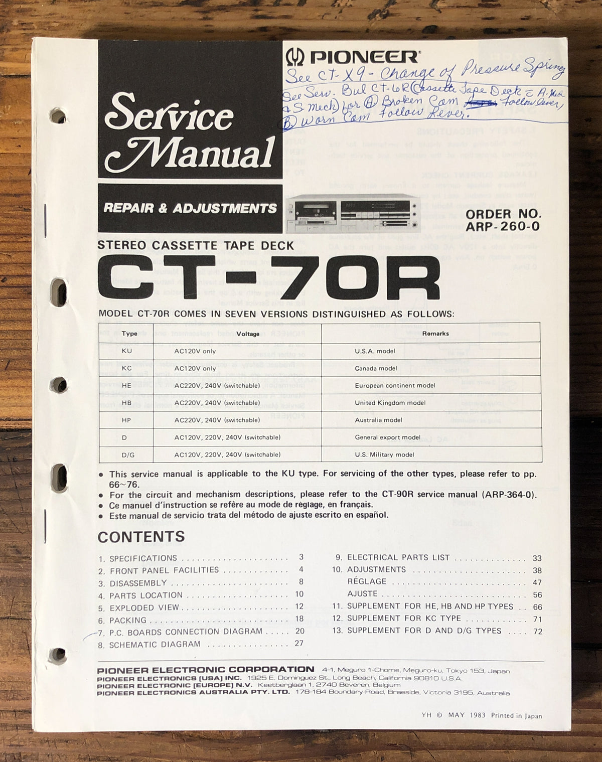 Pioneer CT-70R Cassette Service Manual *Original*
