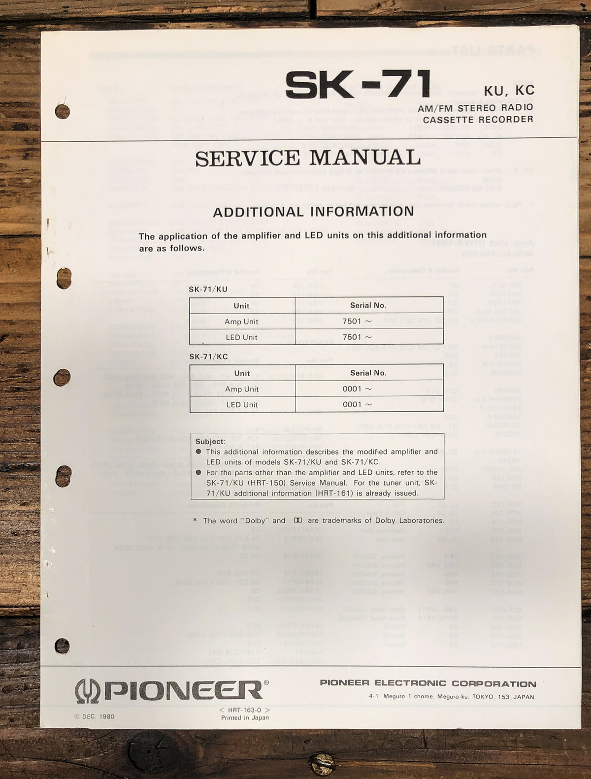 Pioneer SK-71 Radio Cassette Add.Service Manual *Original*