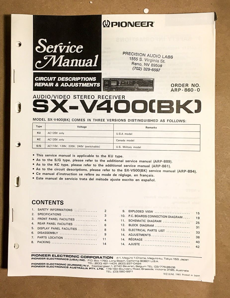 Pioneer SX-V400 Receiver Service Manual *Original*