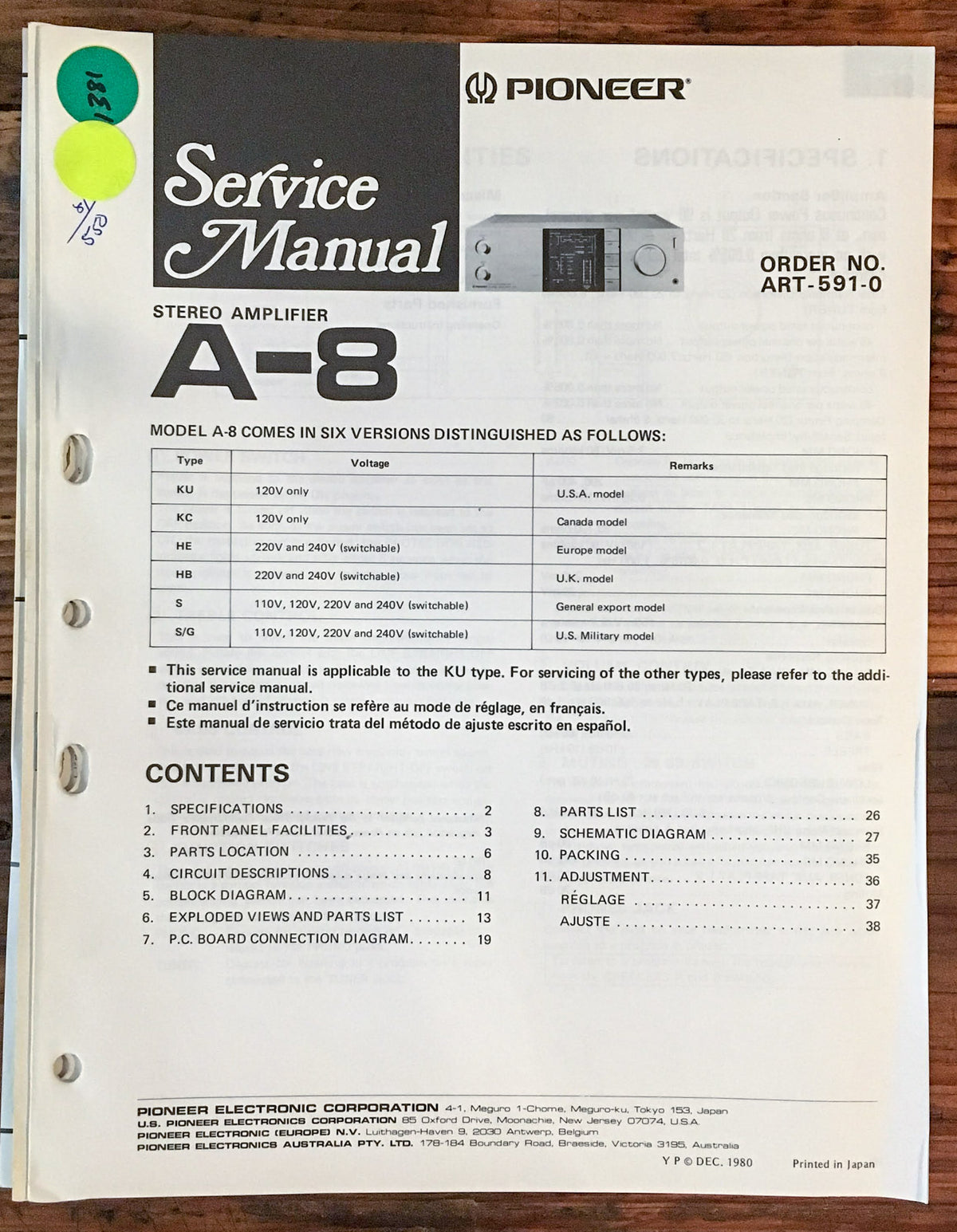 Pioneer A-8 Amplfier Service Manual *Original*
