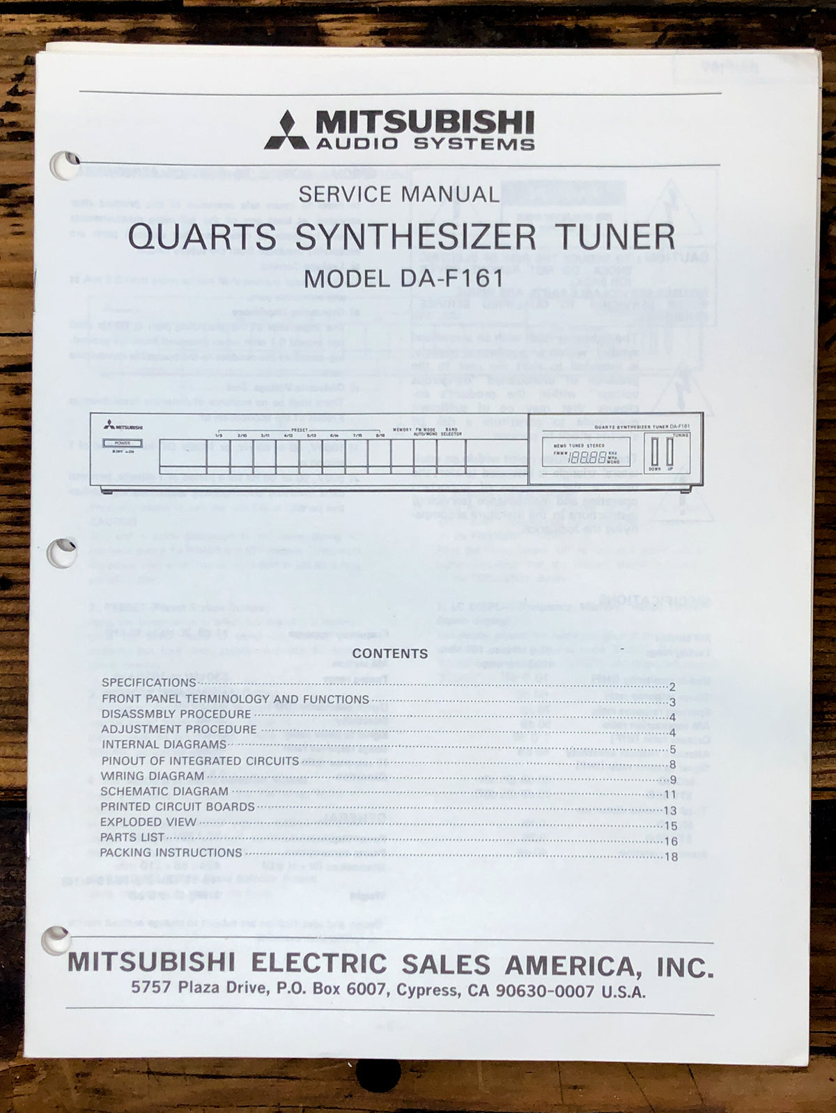 Mitsubishi DA-F161 Tuner Service Manual *Original*
