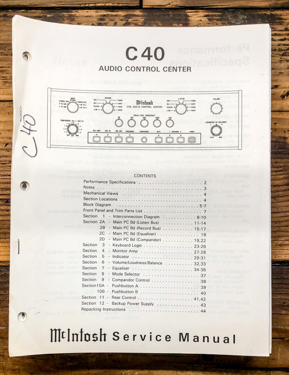 McIntosh C40 C-40 Preamp / Preamplifier Service Manual *Original*