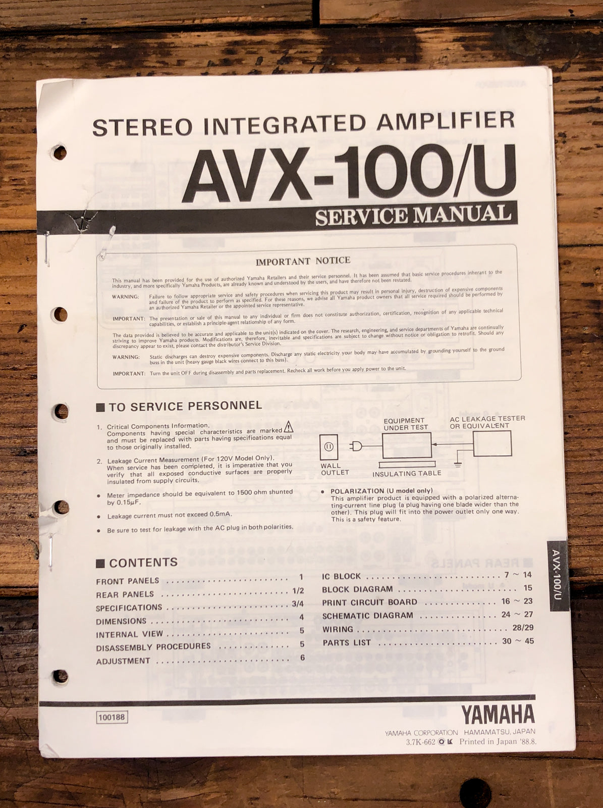 Yamaha AVX-100 AVX-100U Amplifier Service Manual *Original*