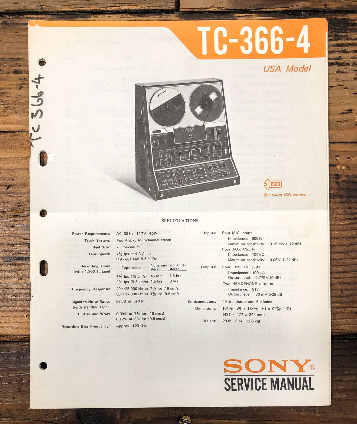 Sony TC-366-4 Reel to Reel Service Manual *Original*
