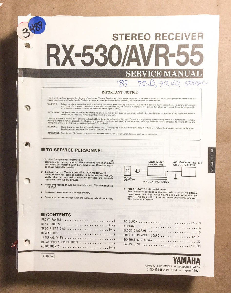 Yamaha RX-530 AVR-55 Receiver Service Manual *Original*