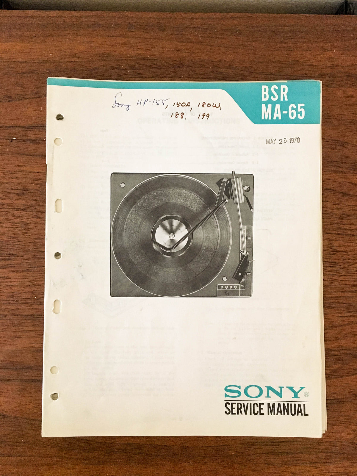 BSR / Sony MA-65 Record Player / Turntable Service Manual *Original*