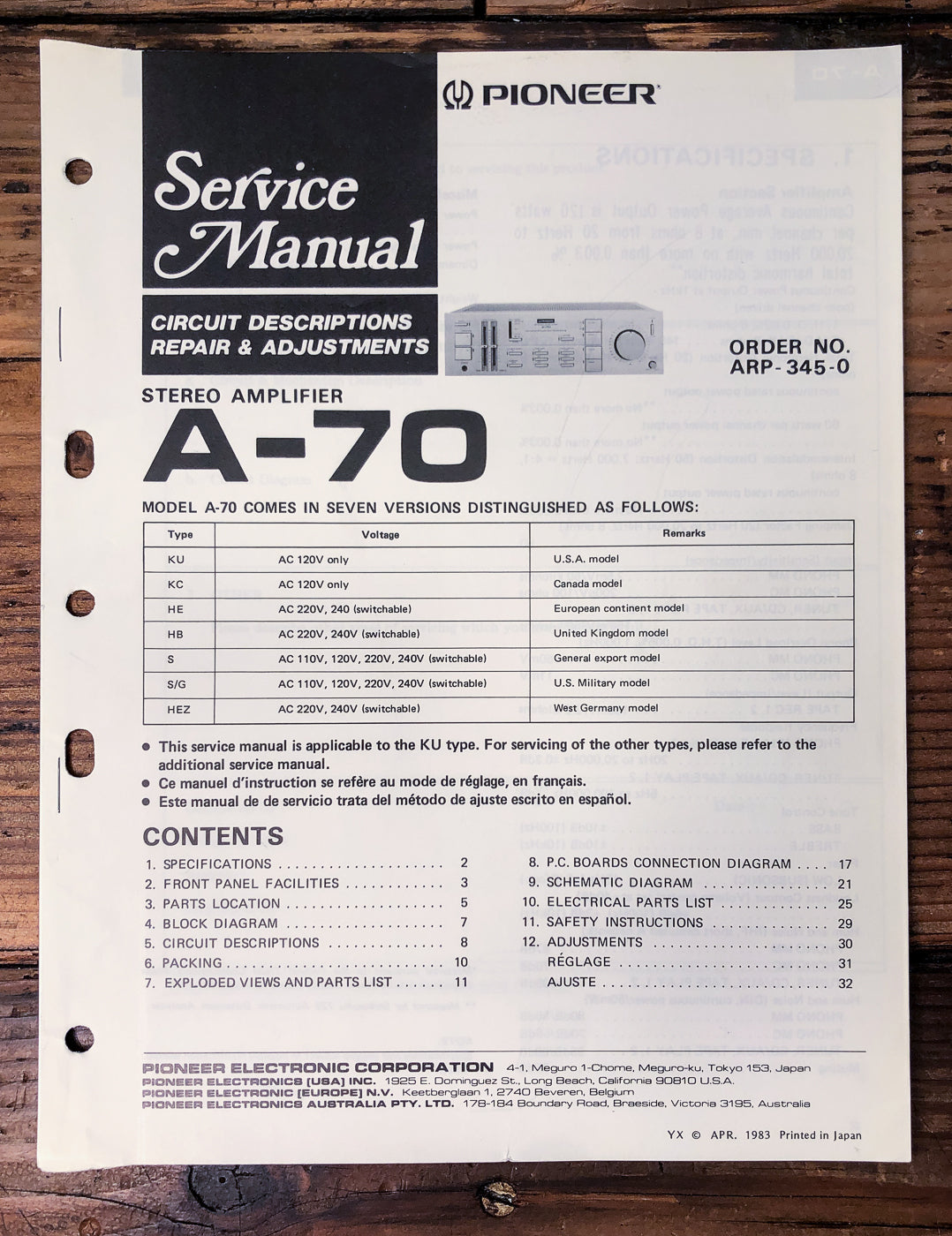 Pioneer A-70 Amplifier Service Manual *Original*