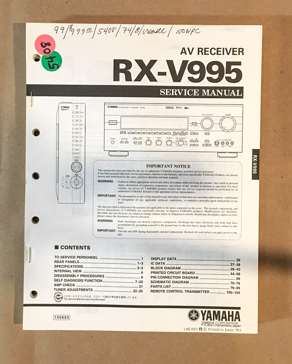 Yamaha RX-V995 Receiver Service Manual *Original*