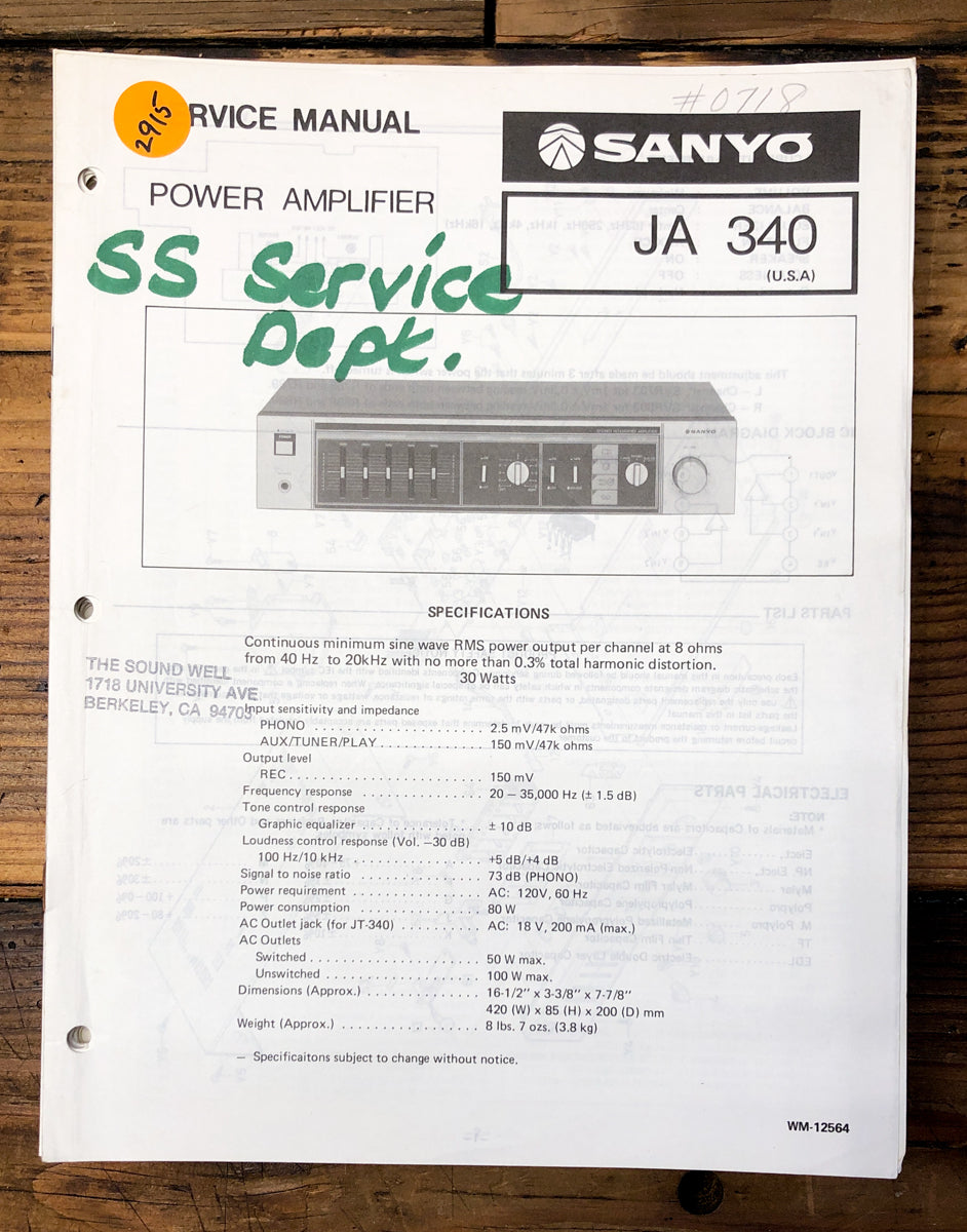 Sanyo JA340 JA-340 Amplifier Service Manual *Original*
