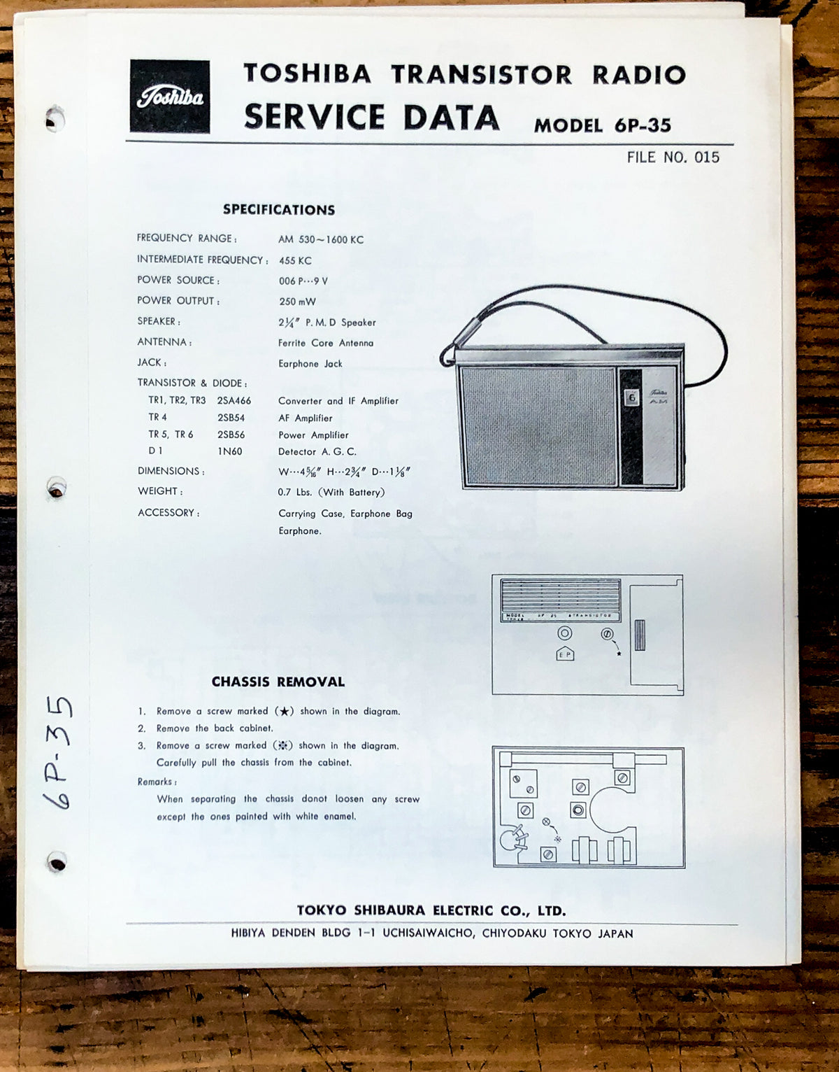 Toshiba Model 6P-35 Radio Service Manual *Original*