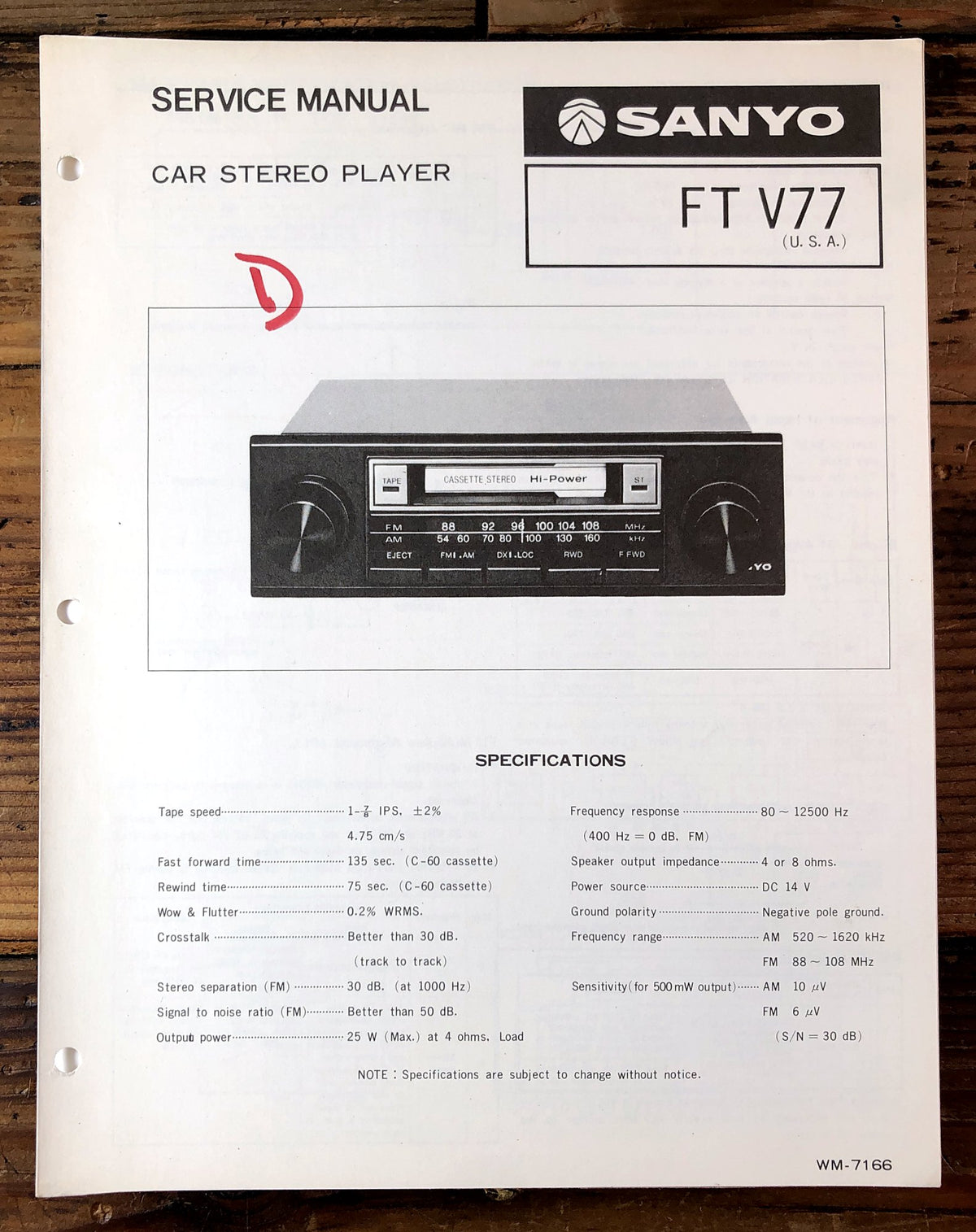 Sanyo FT V77 Car Stereo Player Service Manual *Original*