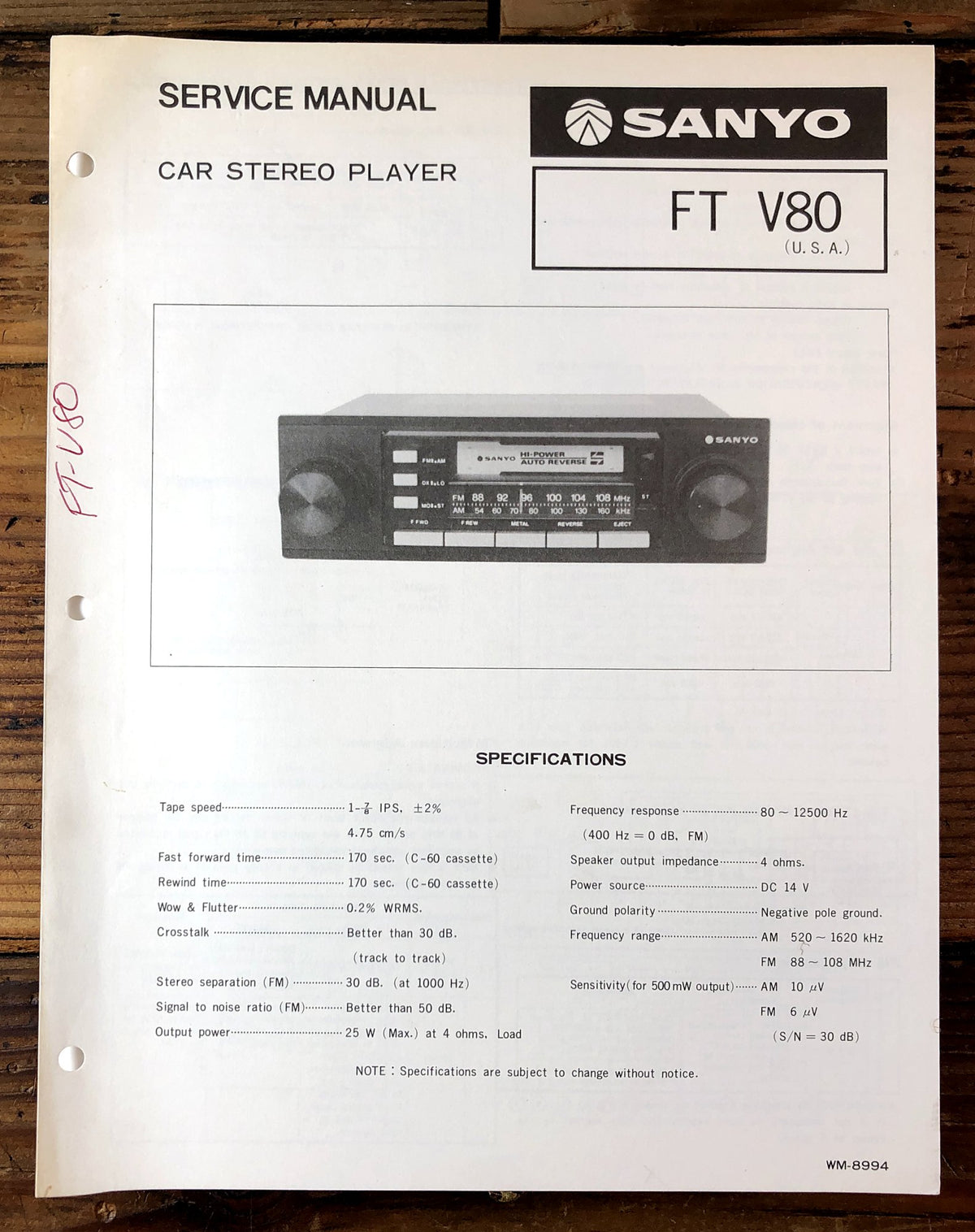 Sanyo FT V80 Car Stereo Player Service Manual *Original*